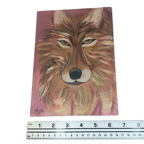 Wolf Painting Original on Plaster Canvas Red Brown Signed J Miculka '09 Vintage - Picture 12 of 12